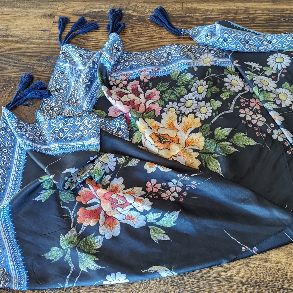 Johnny Was Chateau Silk Scarf with Tassels in Black Multi